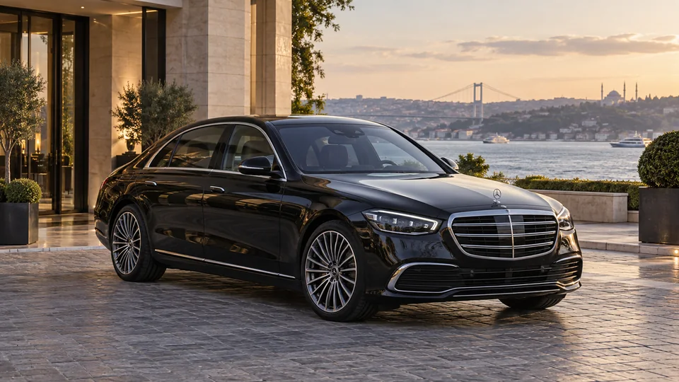 İstanbul Boğazı manzaralı otel önünde siyah Mercedes S-Class — temsili görsel